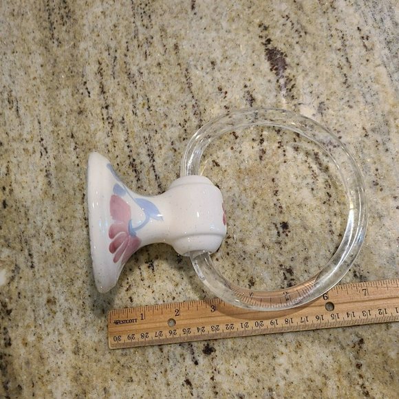 Vintage Flower Pink Blue Ceramic Porcelain Bathroom Towel Holder Clear Ring - Picture 11 of 12